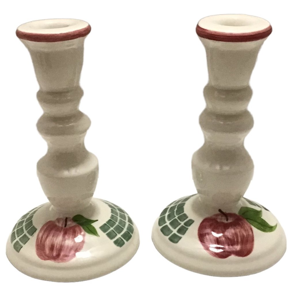 Laurie Gates Los Angeles Pottery Pair of Apple Candle Holders 7.5in Farmhouse